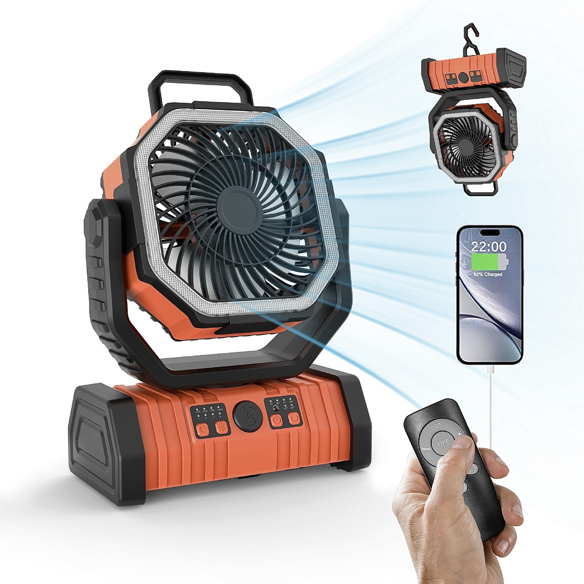 Outdoor power bank camping fan with LED light and adjustable speeds