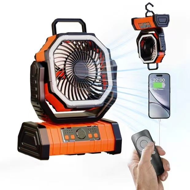 Outdoor household power bank with LED light and adjustable camping fan in black and orange colors