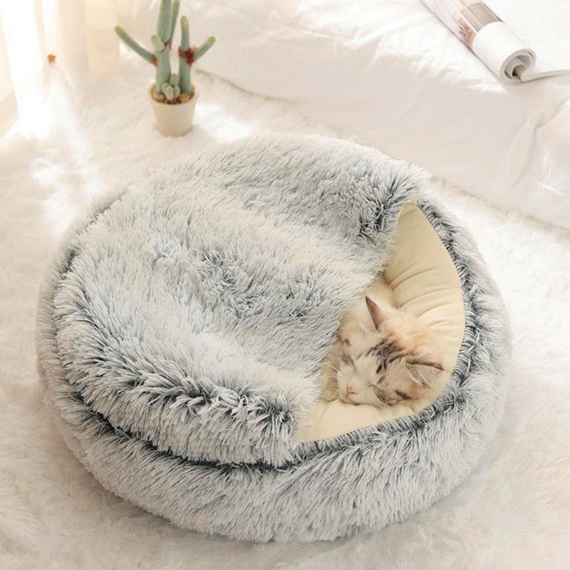 2-in-1 pet bed with plush fabric and raised rim for cats and small dogs