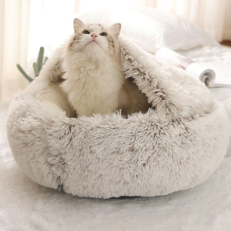 2-in-1 pet bed with plush fabric and raised rim for cats and small dogs