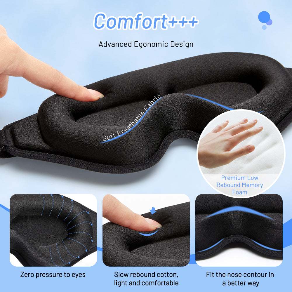 3D natural memory foam sleep mask in pink, black, and gray for optimal comfort and breathable fit