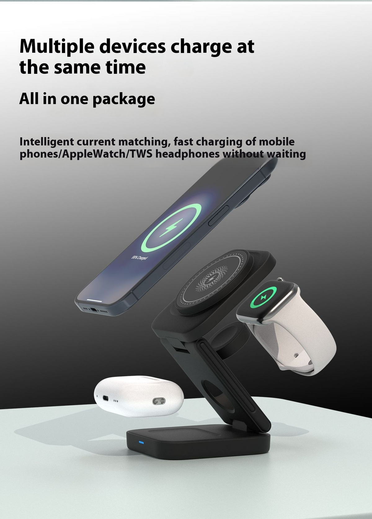 Compact foldable 3 in 1 wireless charger for iPhone, Apple Watch, and AirPods
