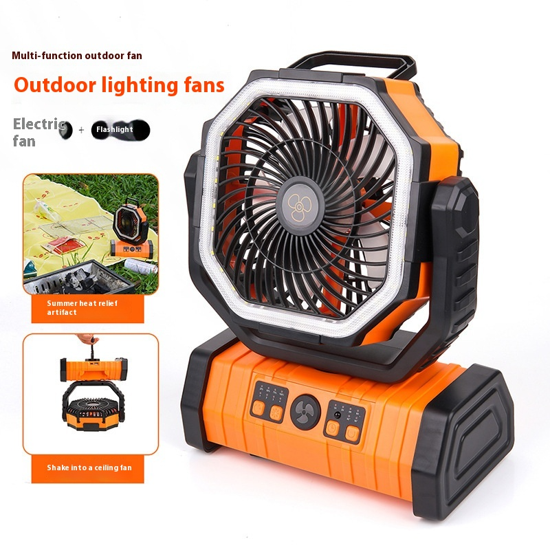 Outdoor power bank camping fan with LED light and 3-speed adjustable fan modes