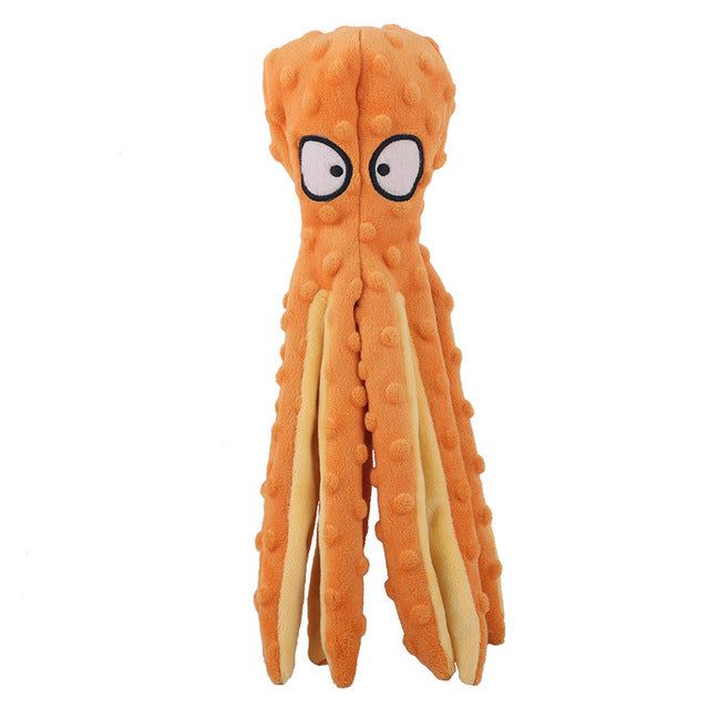 Interactive bite-resistant plush octopus pet toy in vibrant colors for playful pets