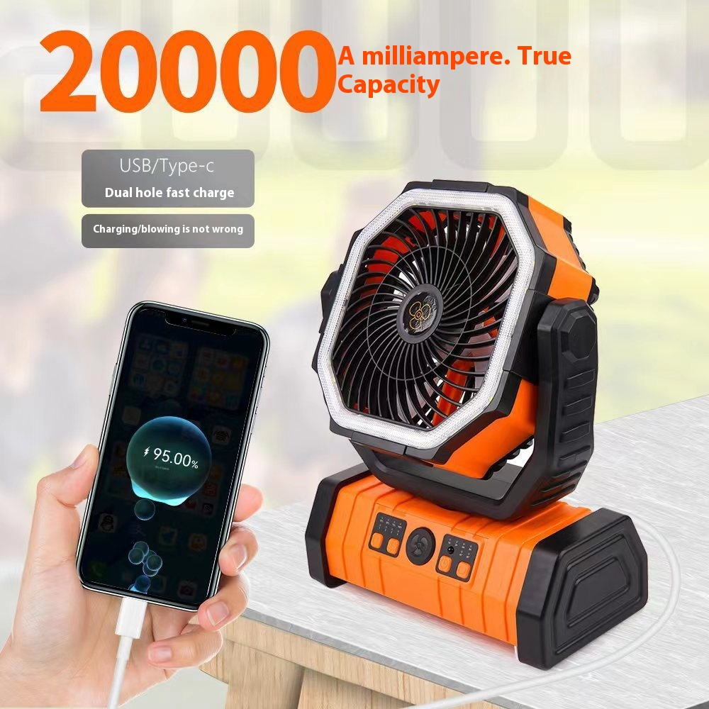 Outdoor power bank camping fan with LED light and adjustable speeds in black and orange colors