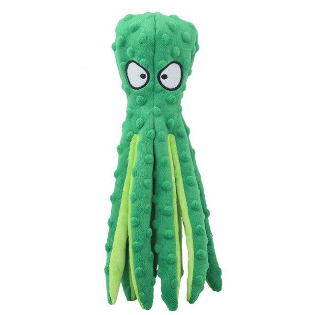 Interactive bite-resistant plush octopus pet toy in vibrant colors designed for pet play and sound engagement