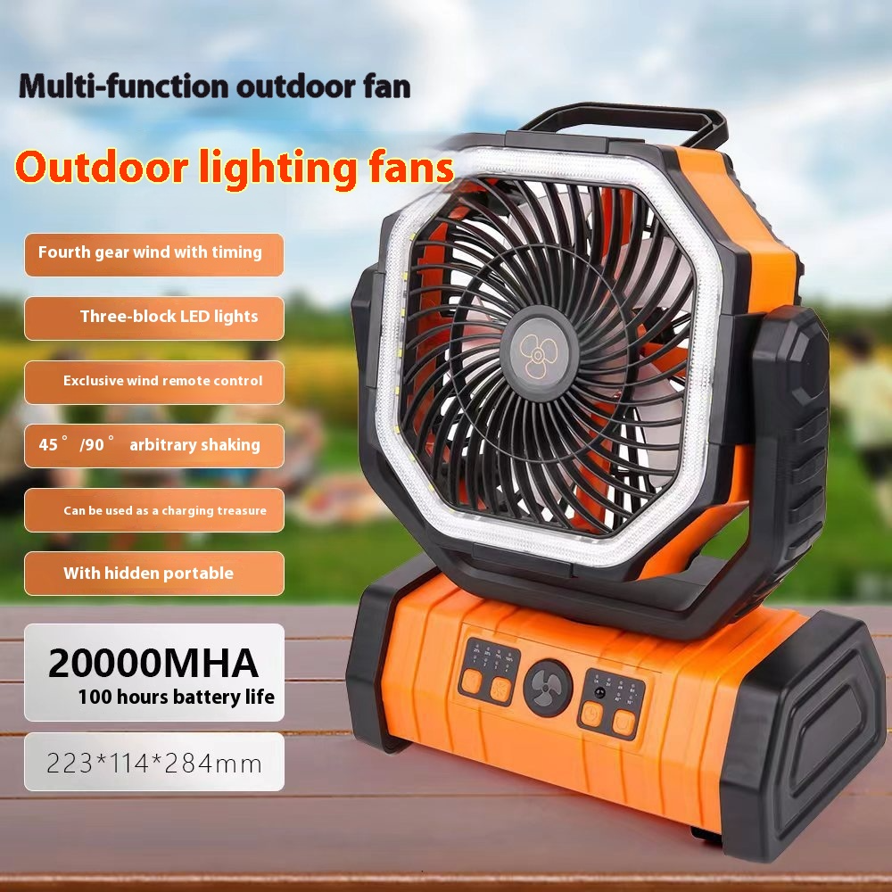 Portable outdoor power bank with LED camping fan in multiple colors