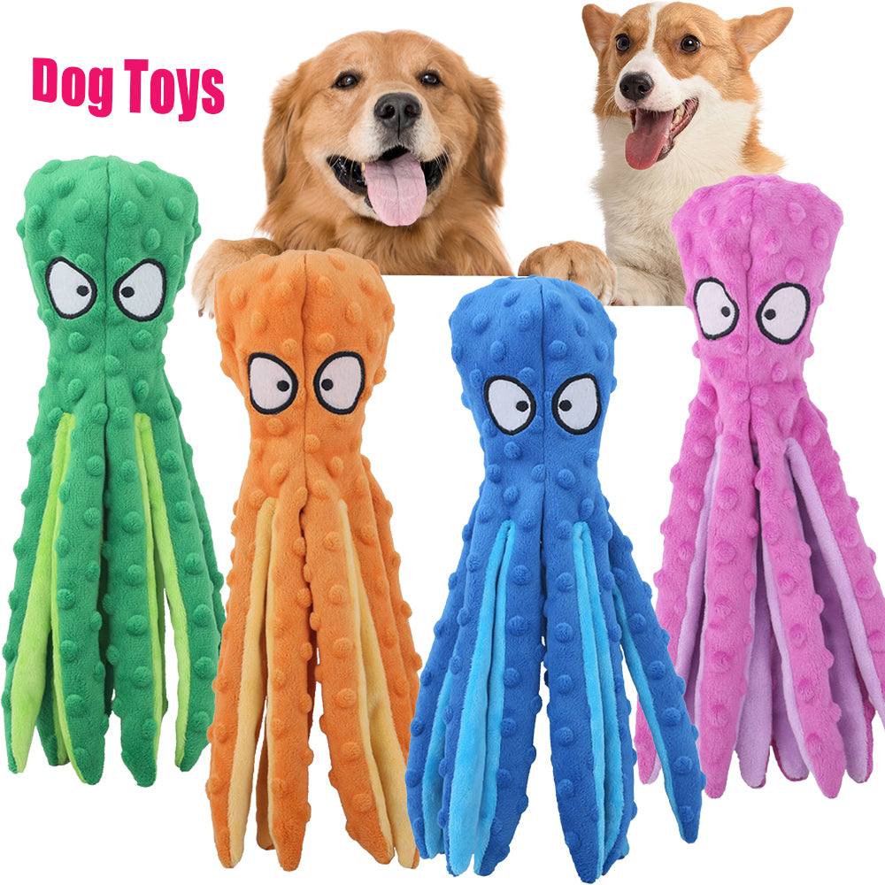 Interactive bite-resistant plush octopus pet toy in vibrant colors for durable pet play