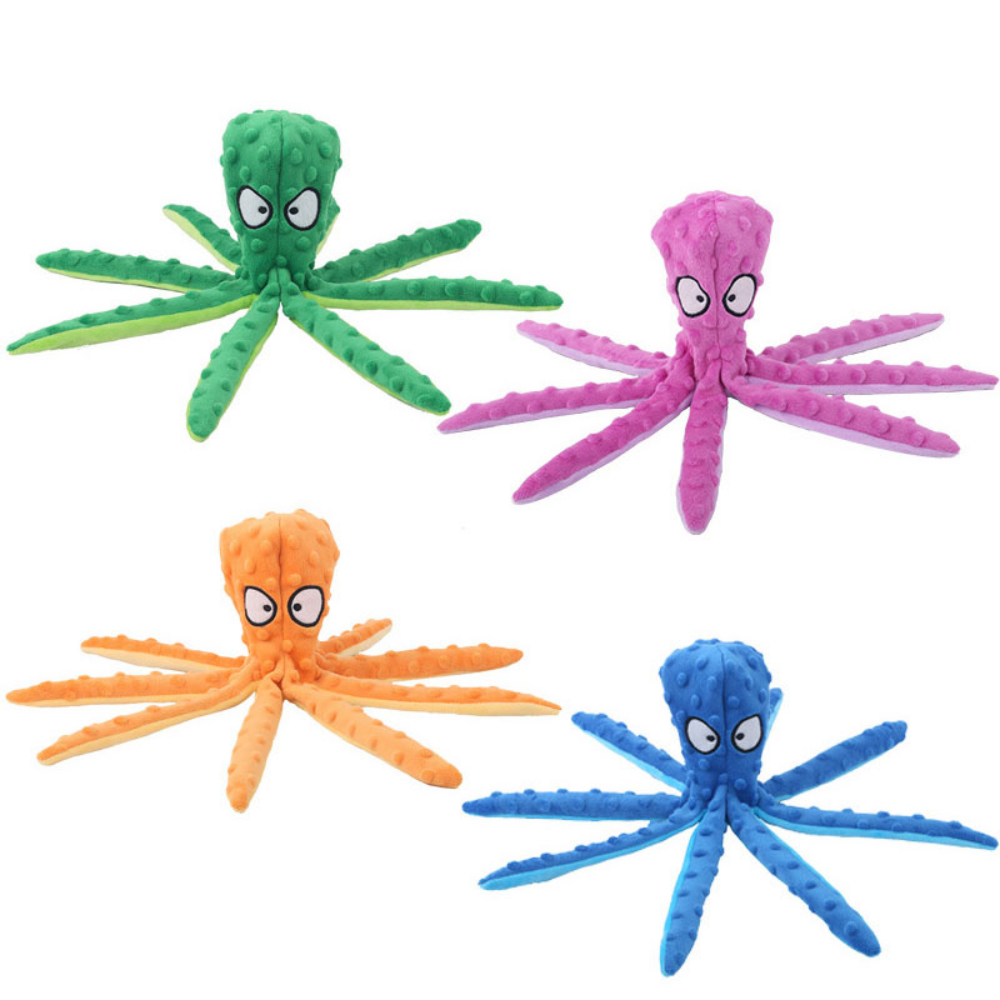 Colorful interactive bite-resistant plush octopus pet toy with sound features