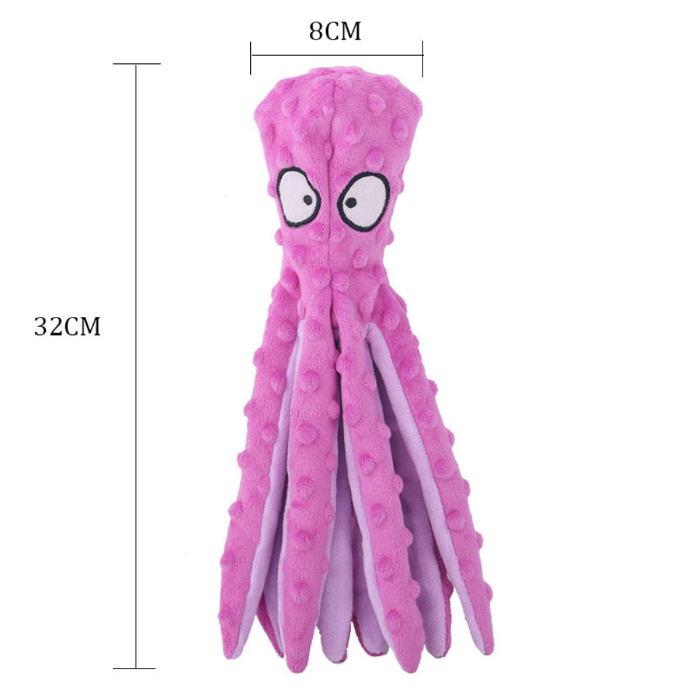 Interactive bite-resistant plush octopus pet toy in vibrant colors for durable pet play