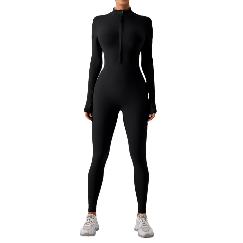 Black fleece-lined yoga jumpsuit with stretchy fabric for warm workouts