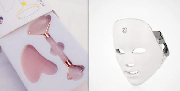 White LED therapy face mask for skin rejuvenation with USB charging cable and instructions