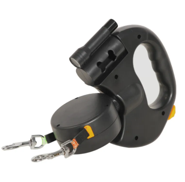 Automatic double dog leash with dual retractable lines and ergonomic grip