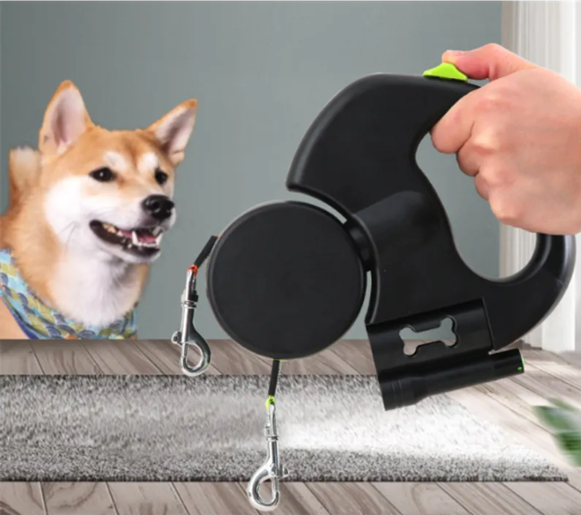 auto double dog leash with retractable dual lines and ergonomic grip