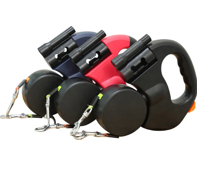 Auto double dog leash with retractable dual lines and ergonomic grip