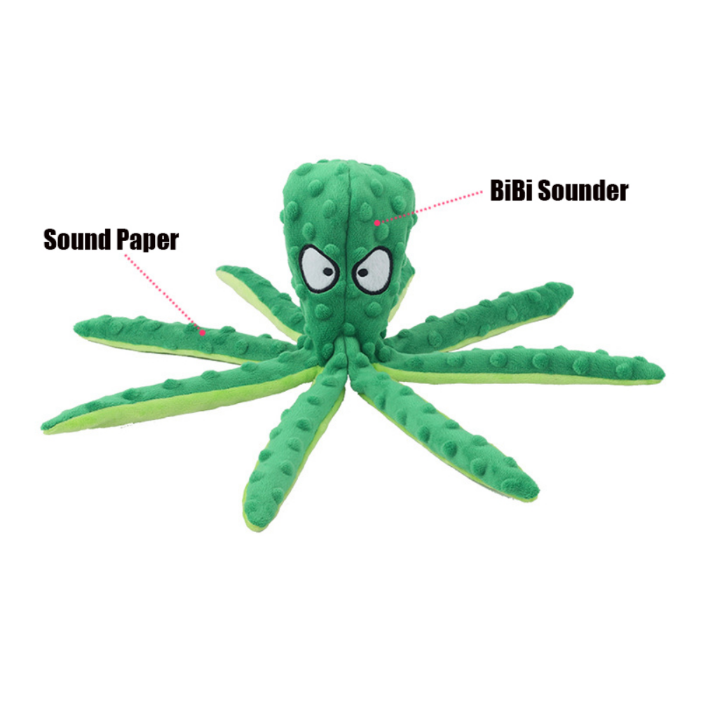 Interactive bite-resistant plush octopus pet toy in vibrant colors for playful pets