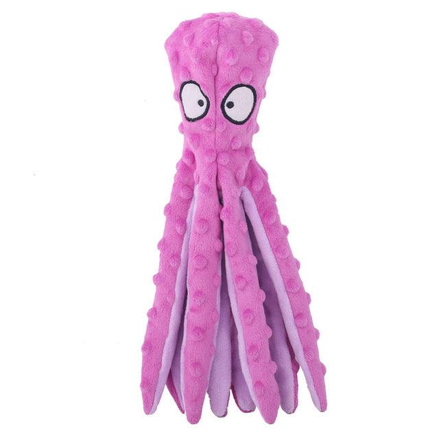 Interactive bite-resistant plush octopus pet toy in vibrant colors with sound features