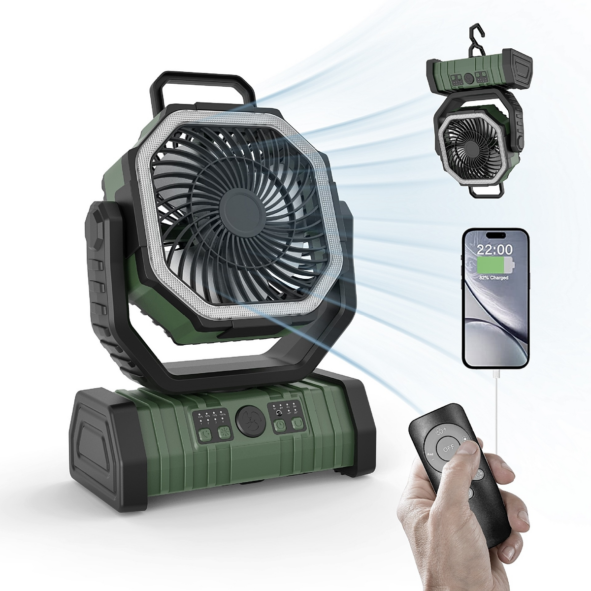 Outdoor power bank camping fan with LED light and 3-speed adjustable settings