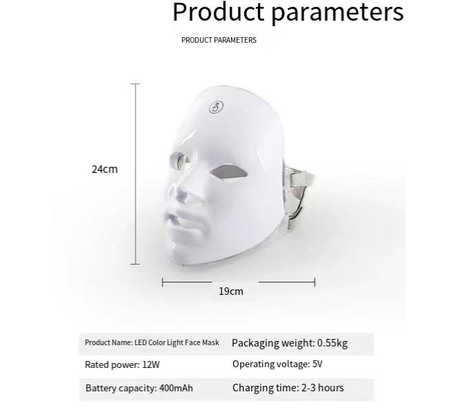 White LED therapy face mask for skin rejuvenation with USB cable and packaging box