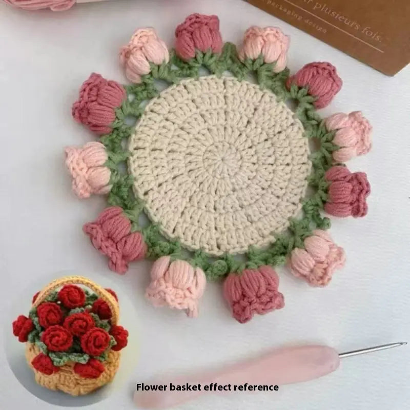 DIY crochet kit with rose coasters and yarn