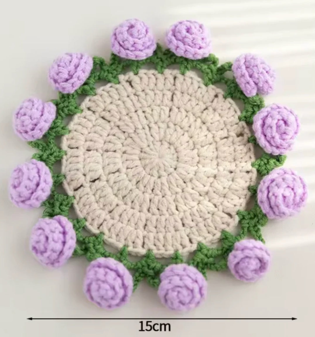 DIY crochet kit with pink rose coaster and yarn