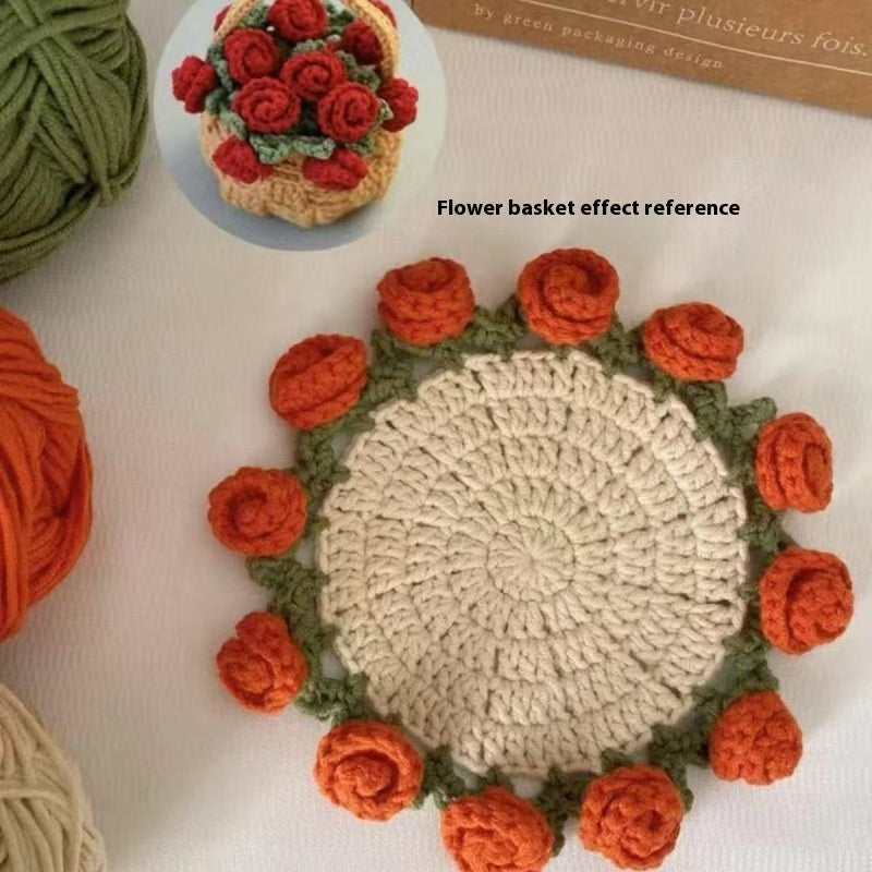 DIY crochet kit with rose-shaped coasters and yarn