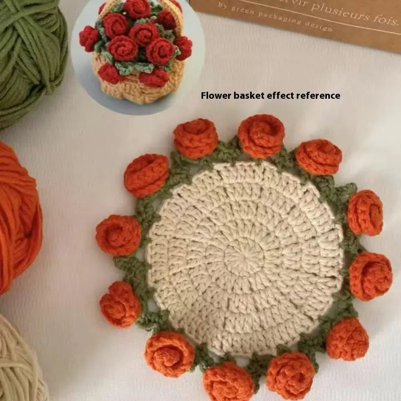 DIY crochet kit with rose-shaped coasters and yarn