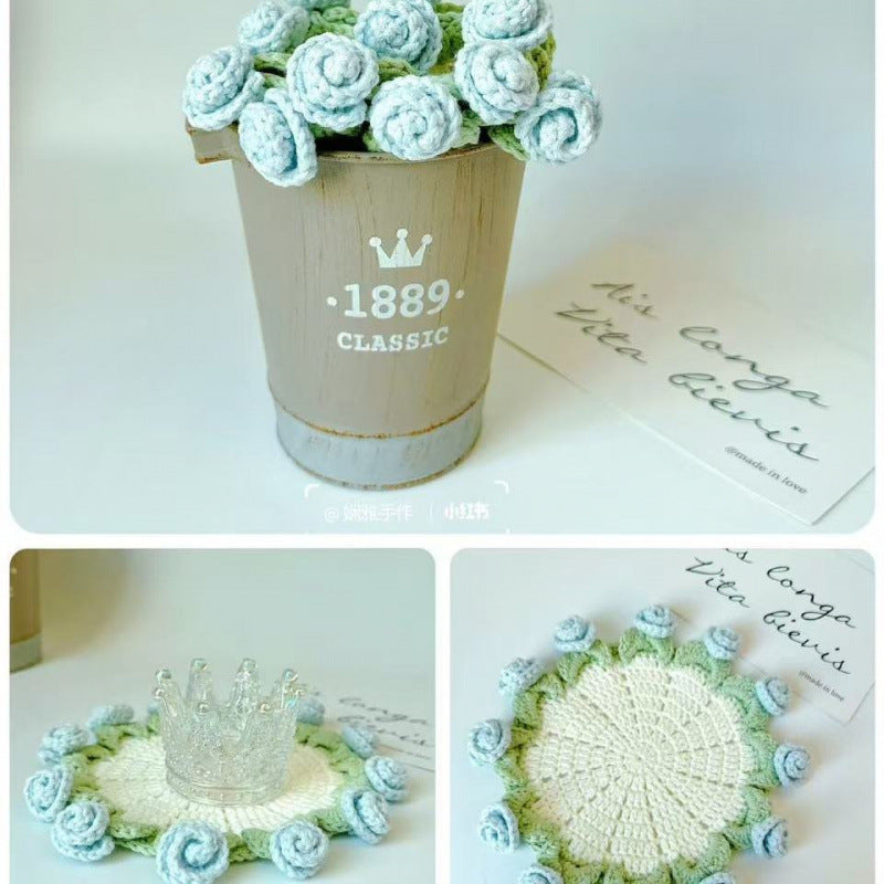 DIY crochet kit with rose flower coasters and acrylic yarn