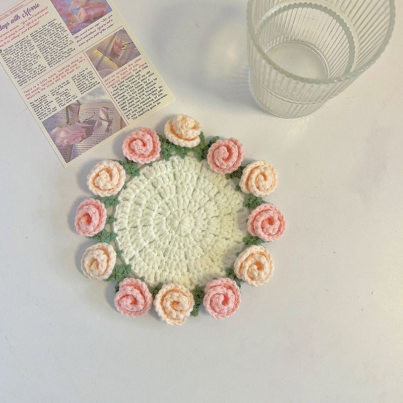Crochet DIY kit with yarn and rose coaster materials
