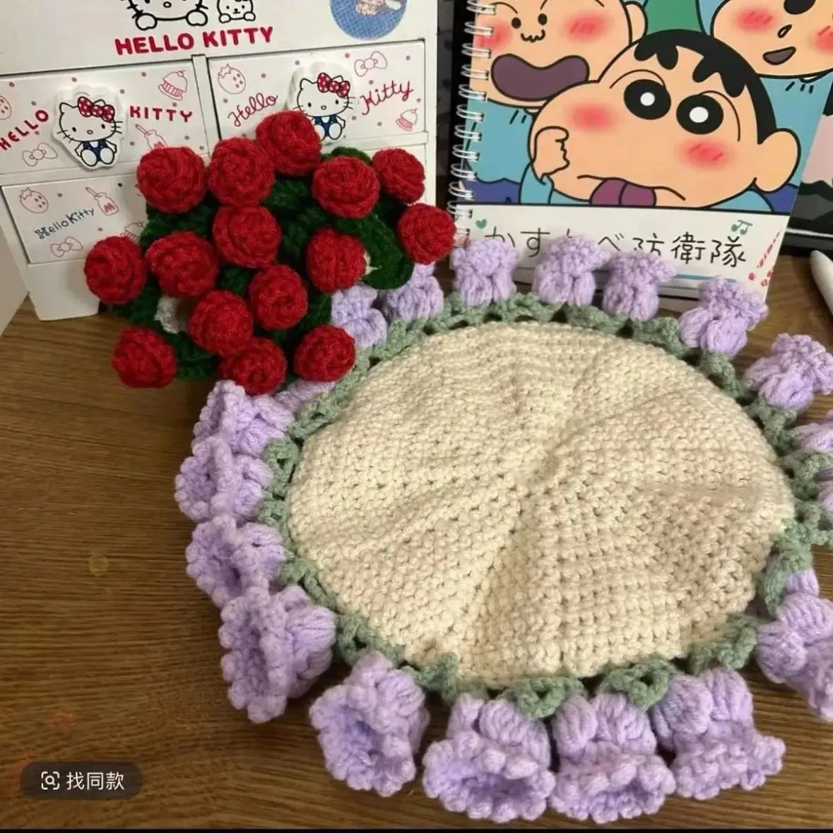 DIY crochet kit with yarn and tools to make rose coasters
