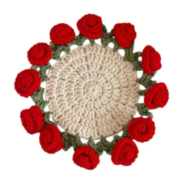 Crochet DIY kit with rose-shaped coasters and yarn