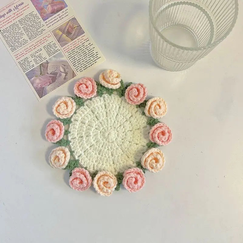 DIY crochet kit with rose flower coasters and yarn