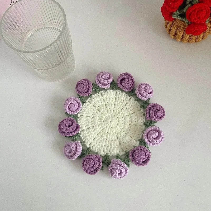 DIY crochet kit with rose flower coasters and yarn