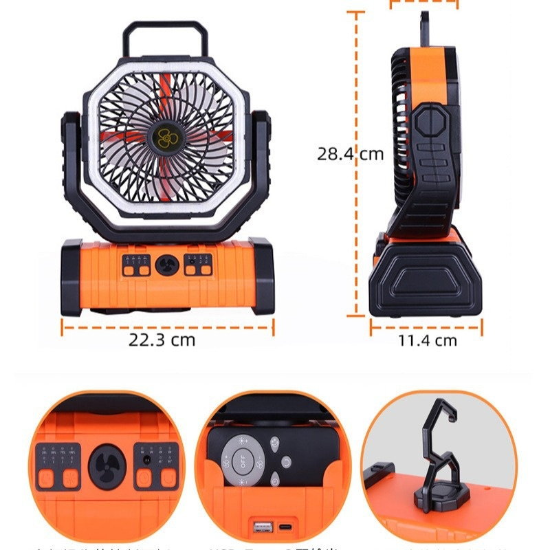 Outdoor power bank camping fan with LED light and adjustable speeds in black, orange, and army green