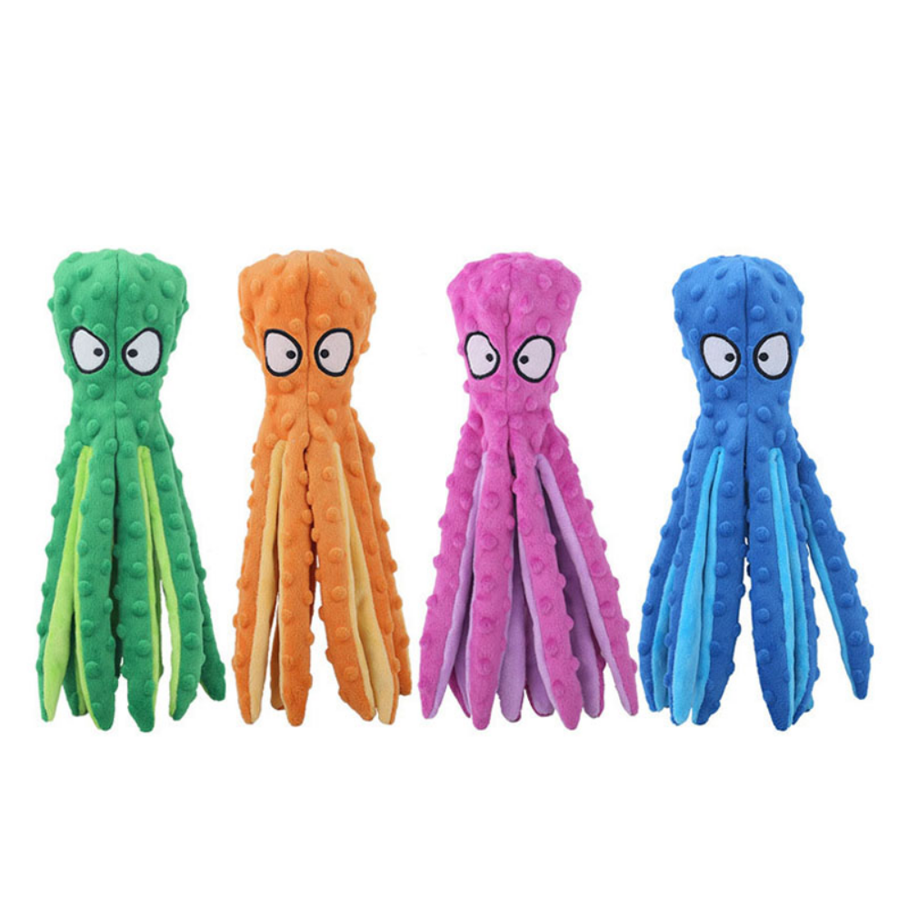 Interactive bite-resistant plush octopus pet toy in vibrant colors with sound features