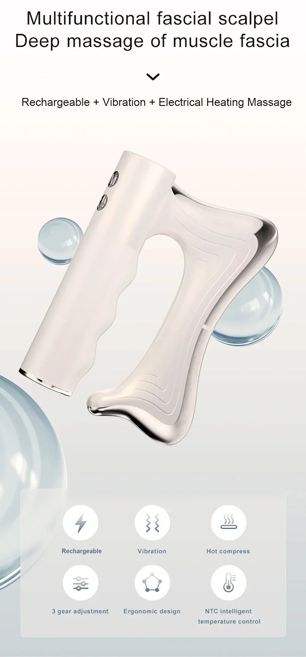 Electric deep tissue massage blade with heating and vibration features