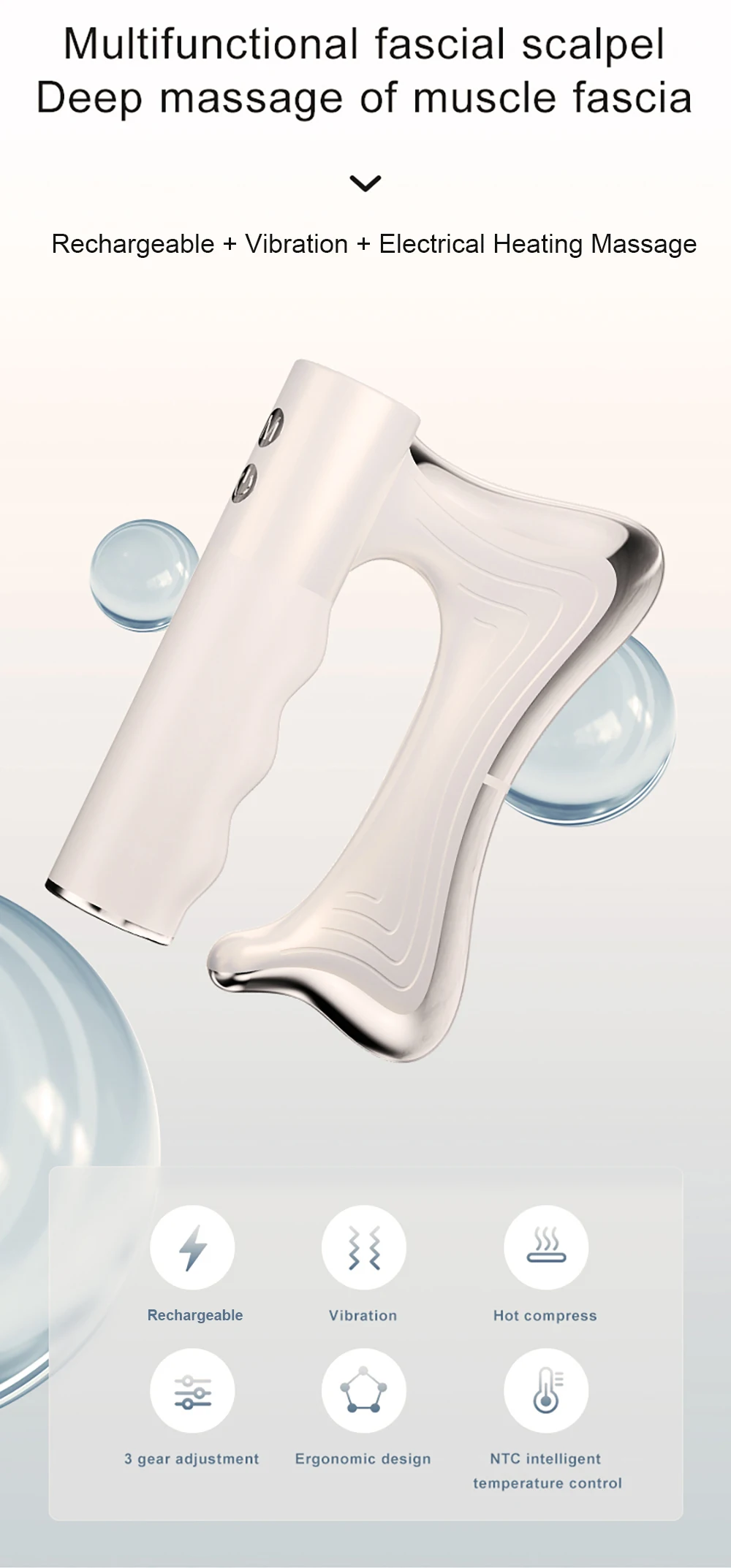Electric deep tissue massage blade with heating and vibration for muscle relief