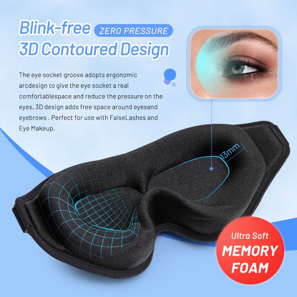 3D Natural memory foam sleep mask in pink, black, and gray for comfortable, breathable eye coverage