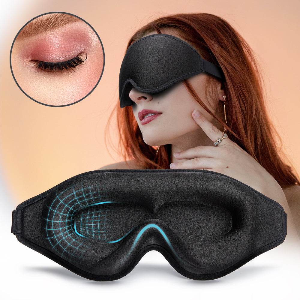 3D natural memory foam sleep mask in pink, black, and gray, designed for comfort and breathable fit