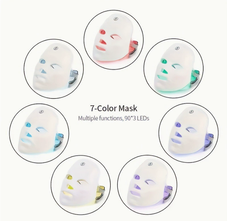 White LED therapy face mask for skin rejuvenation with USB charging cable and instructions