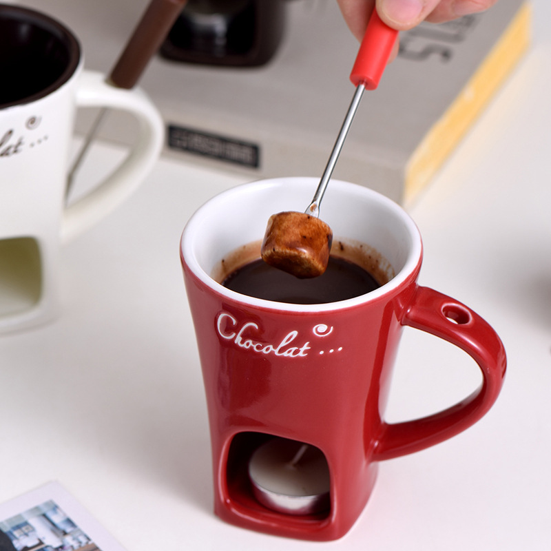 Fondue mug set with individual warmers for chocolate and cheese