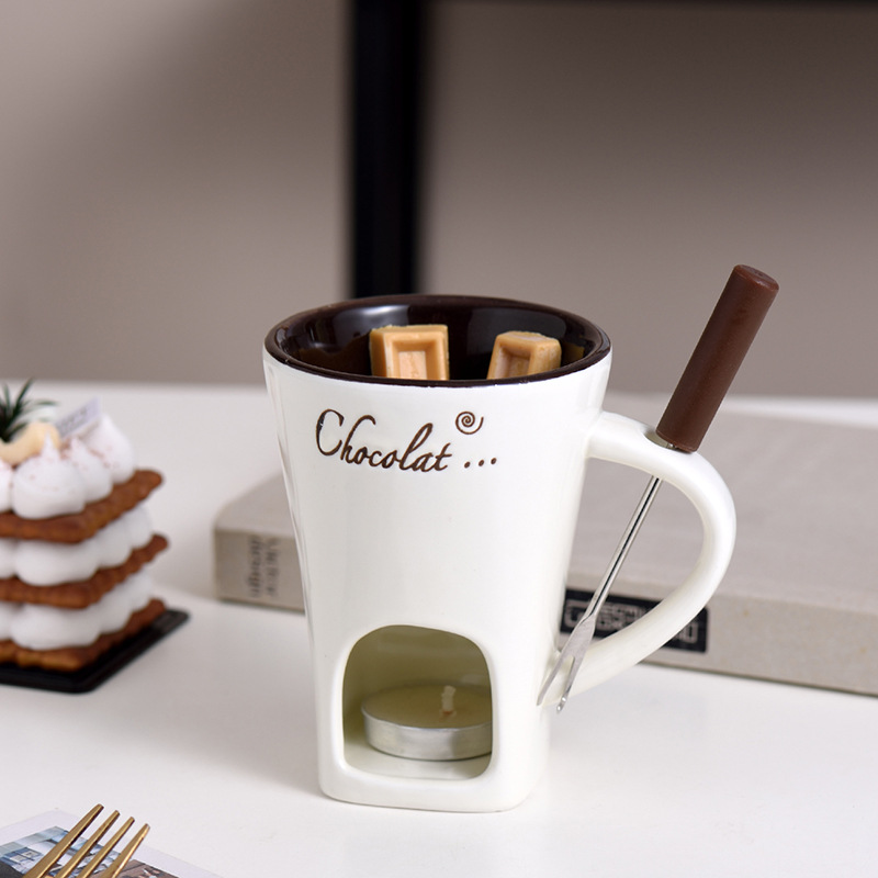 Fondue mug set with individual warmers for melting chocolate and cheese