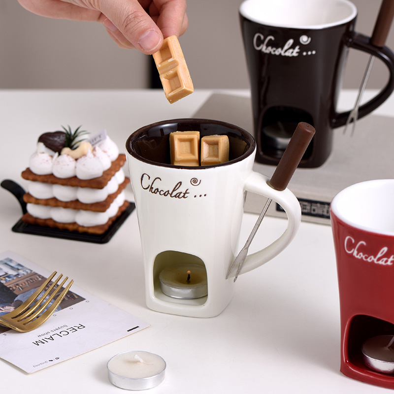 Cozy fondue mug set with warming plate for individual servings