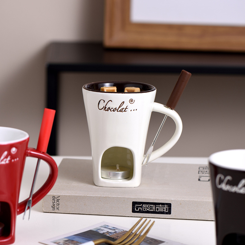 Fondue mug set with individual warming plates for melted chocolate or cheese