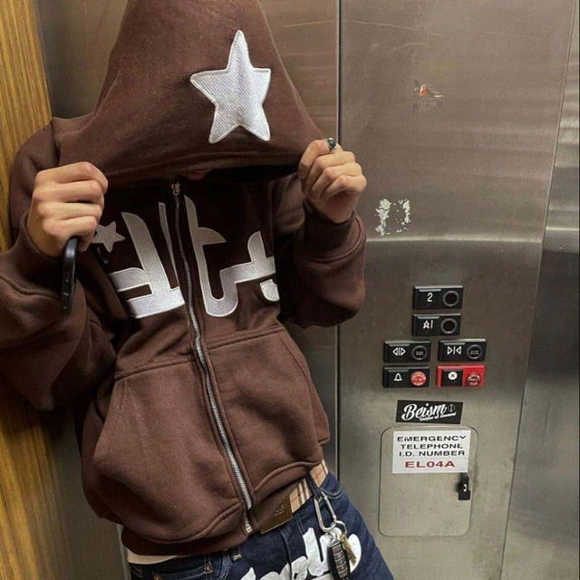 Black star printed zip up hoodie with relaxed fit