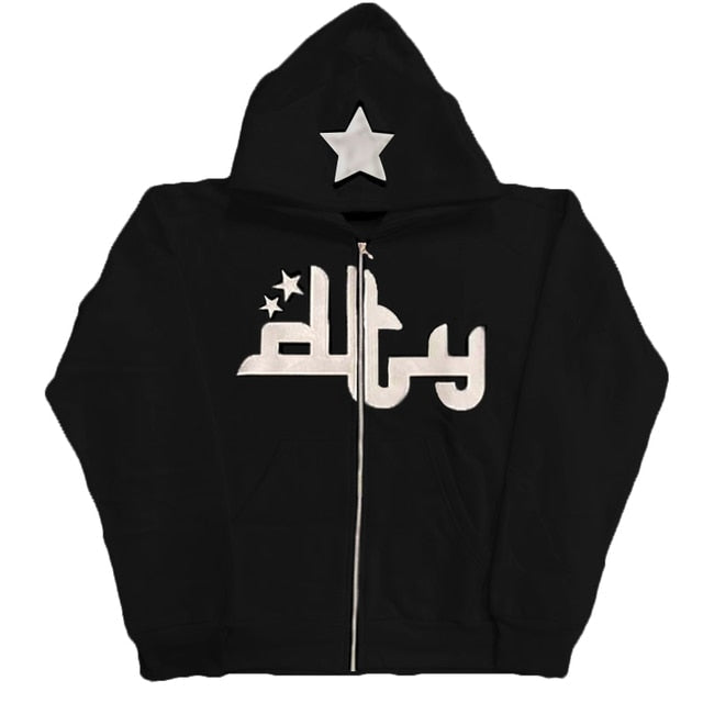cozy star printed zip up hoodie with relaxed fit