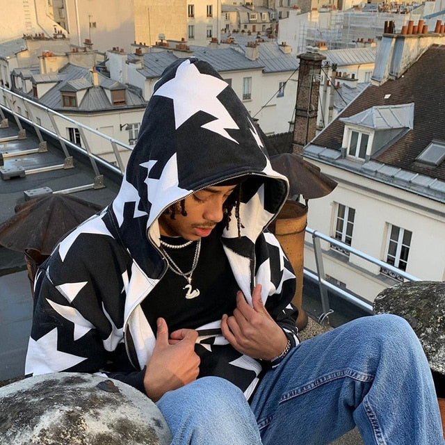 Star printed zip up hoodie with cozy relaxed fit