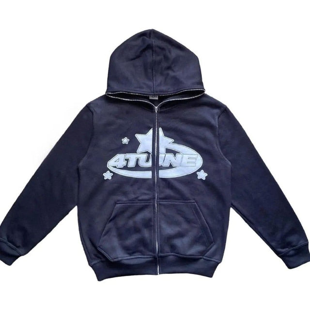 star printed zip up hoodie with cozy fit