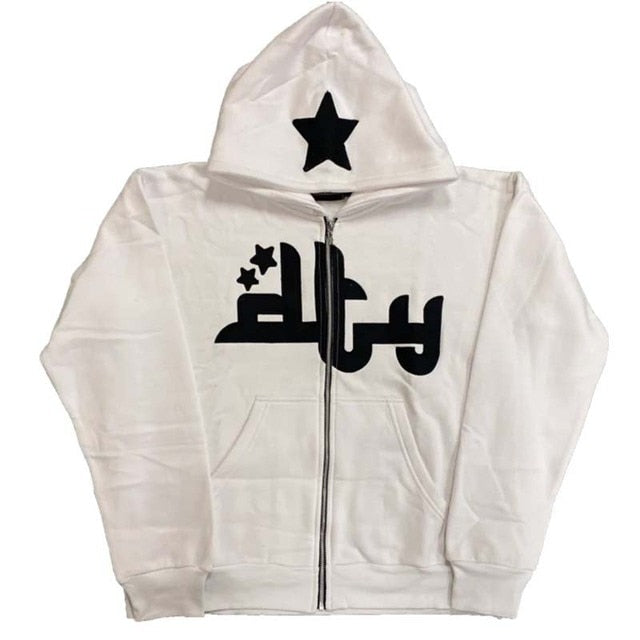 comfortable star printed zip up hoodie with relaxed fit