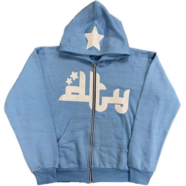Cozy star printed zip up hoodie with relaxed fit